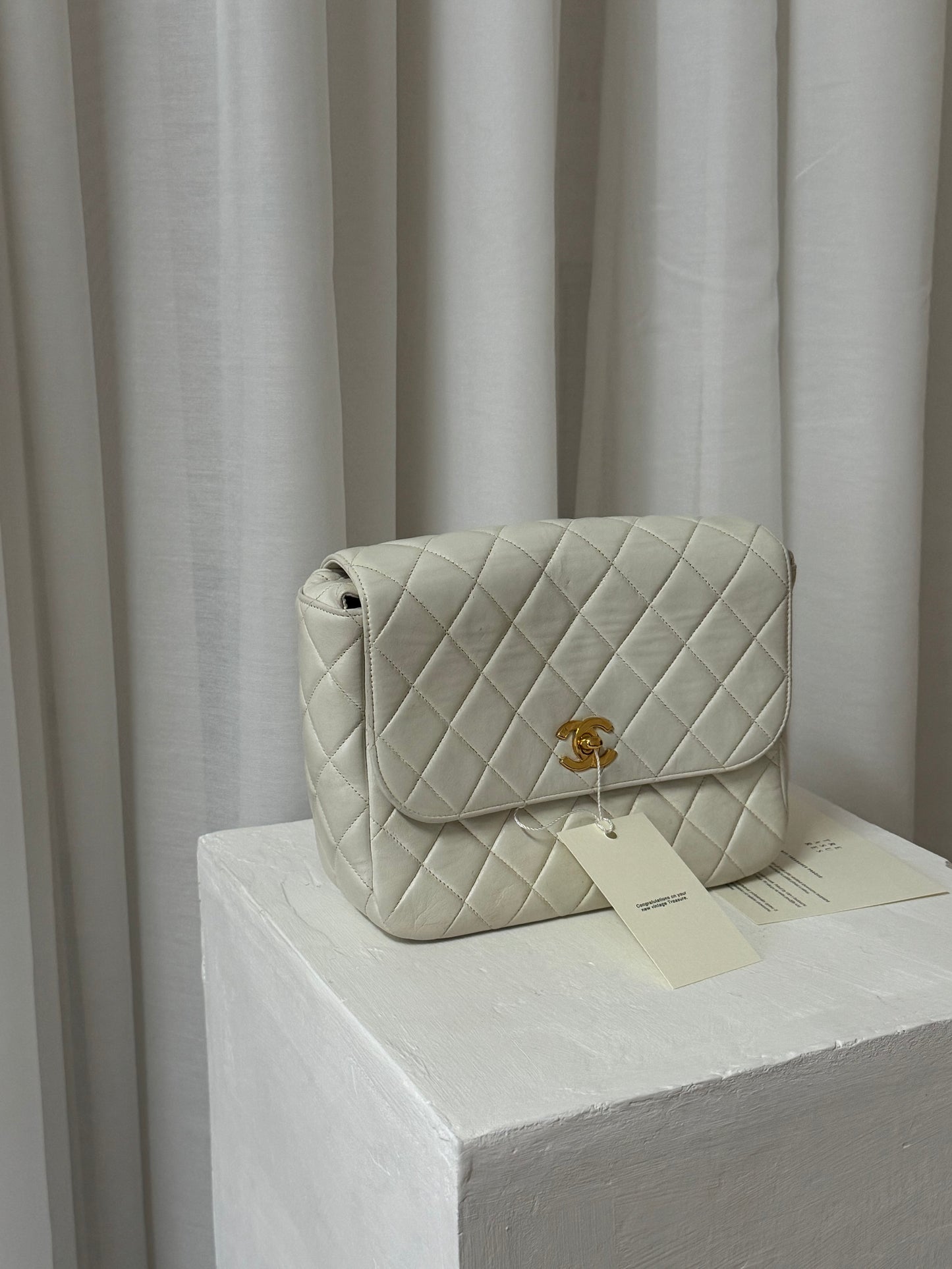 CHANEL MATELASSE FLAP BAG TWIST LOCK WIDE STRAP CREAM