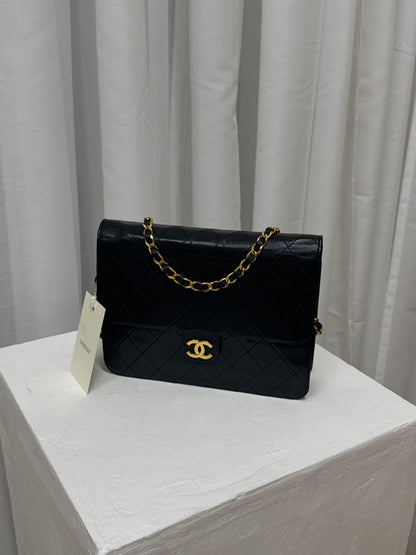 CHANEL CLASSIC SINGLE FLAP BAG LAMBSKIN BLACK 24K GOLD HW