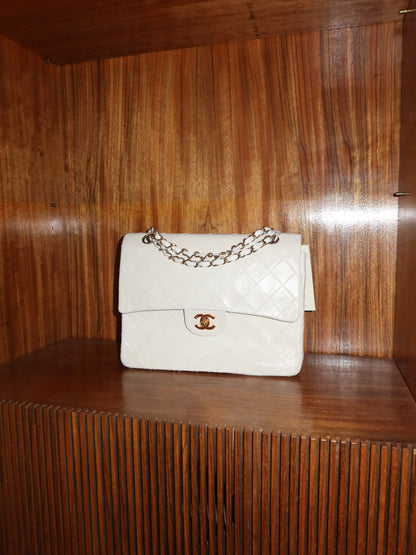CHANEL CLASSIC DOUBLE FLAP BAG WHITE MEDIUM TALL 24K GOLD