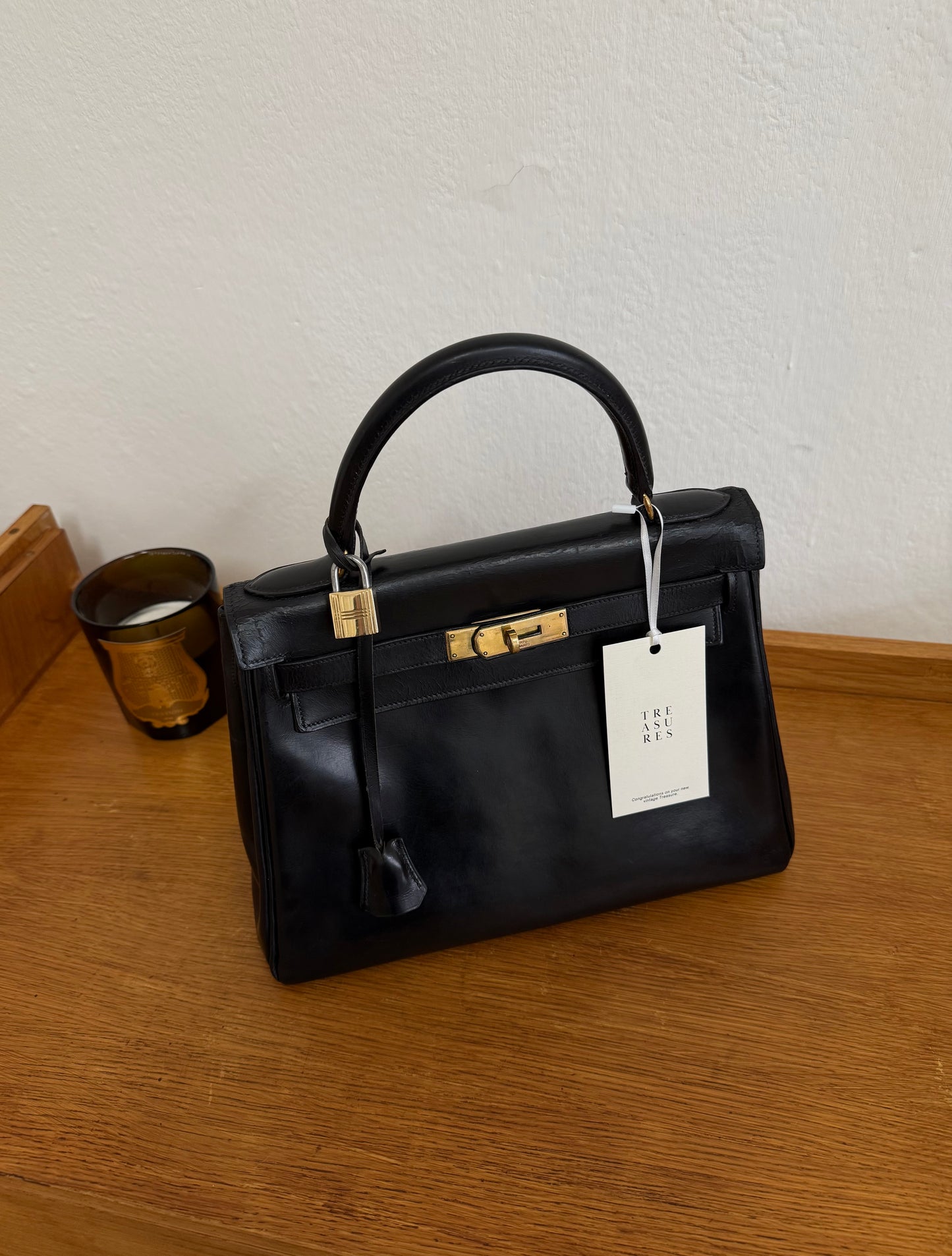 HERMES KELLY 28 BOX CALF BLACK 1965 U stamp