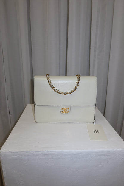 CHANEL BOX CALF SINGLE FLAP CREAM
