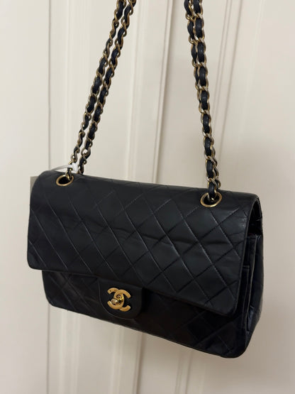 CHANEL CLASSIC DOUBLE FLAP BAG MEDIUM BLACK 24K GOLD HW
