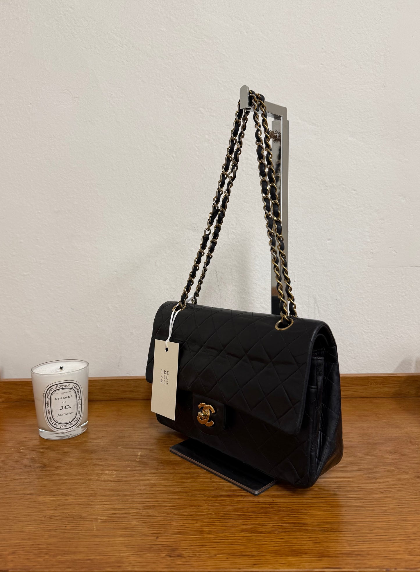 CHANEL CLASSIC DOUBLE FLAP BAG MEDIUM BLACK 24K GOLD HW