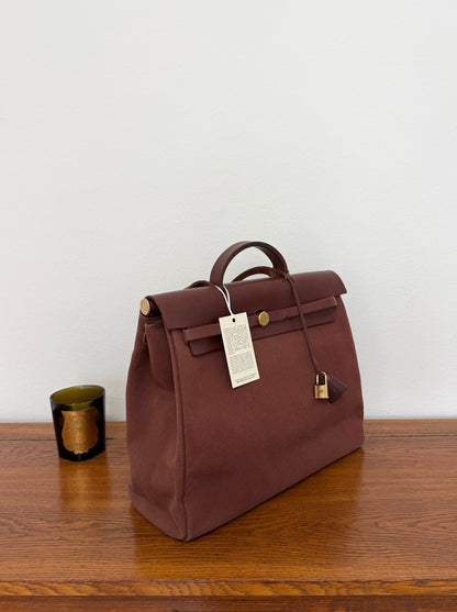 HERMÈS HERBAG HANDBAG BURGUNDY CANVAS & LEATHER