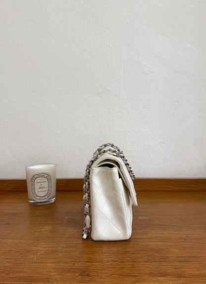 CHANEL CLASSIC DOUBLE FLAP BAG SILVER HW WHITE KARL LAGERFELD
