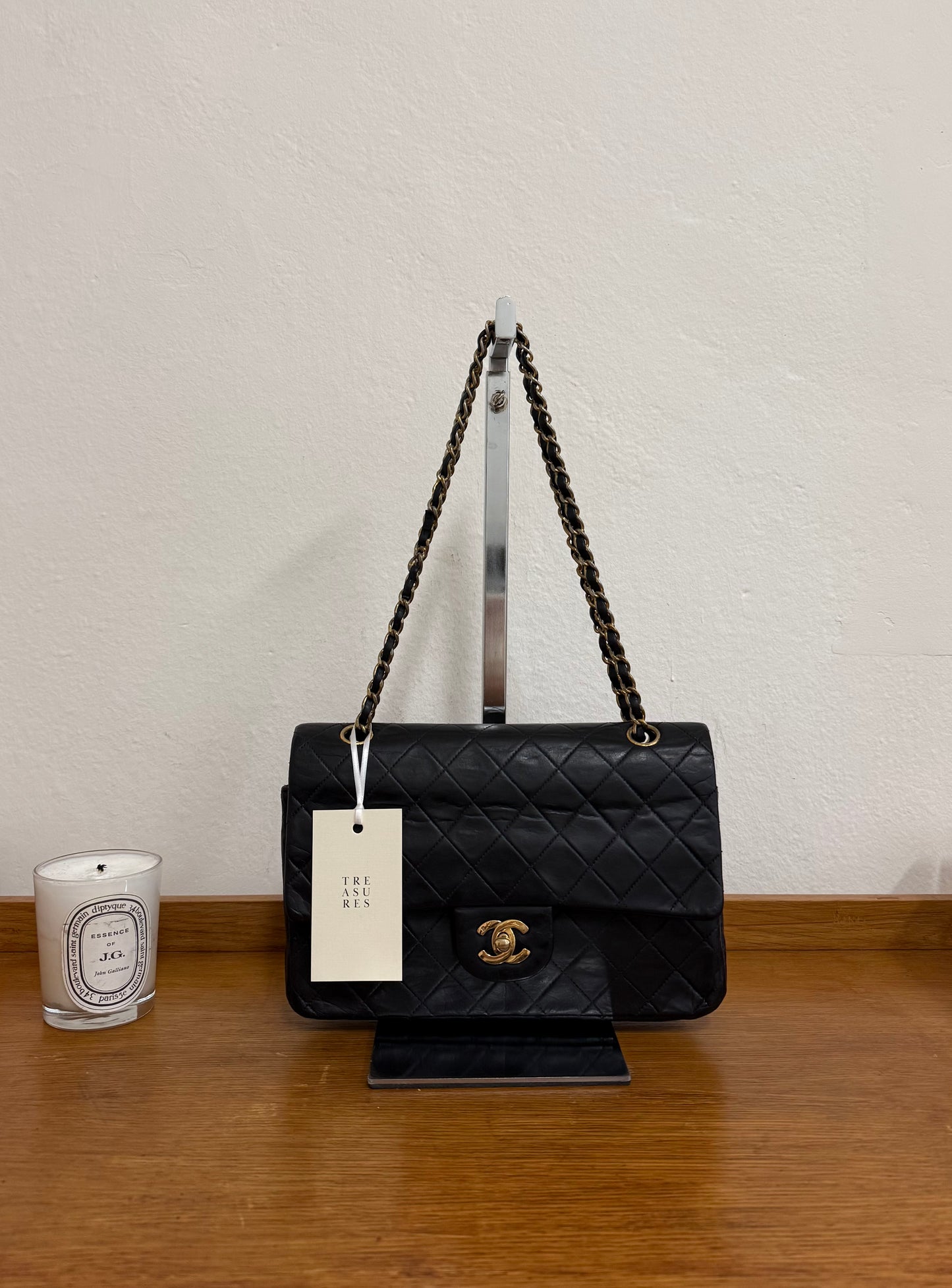 CHANEL CLASSIC DOUBLE FLAP BAG MEDIUM BLACK 24K GOLD HW