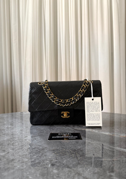 CHANEL CLASSIC DOUBLE FLAP BAG MEDIUM BLACK 24K GOLD HW
