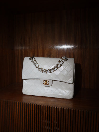 CHANEL CLASSIC DOUBLE FLAP BAG WHITE MEDIUM TALL 24K GOLD