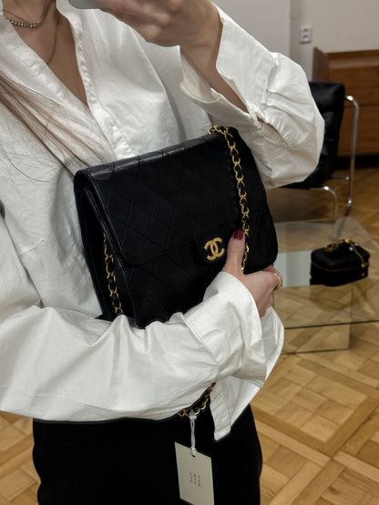 CHANEL CLASSIC SINGLE FLAP BAG LAMBSKIN BLACK 24K GOLD HW