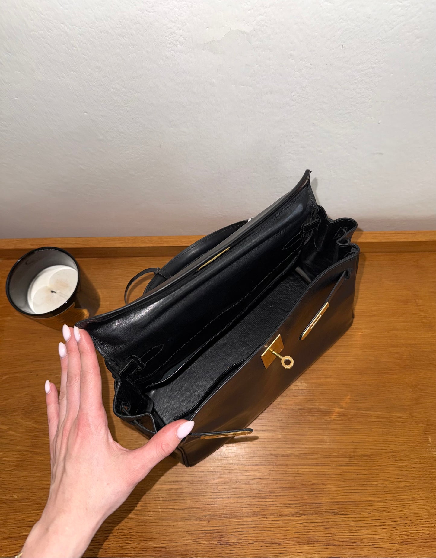 HERMES KELLY 28 BOX CALF BLACK 1965 U stamp