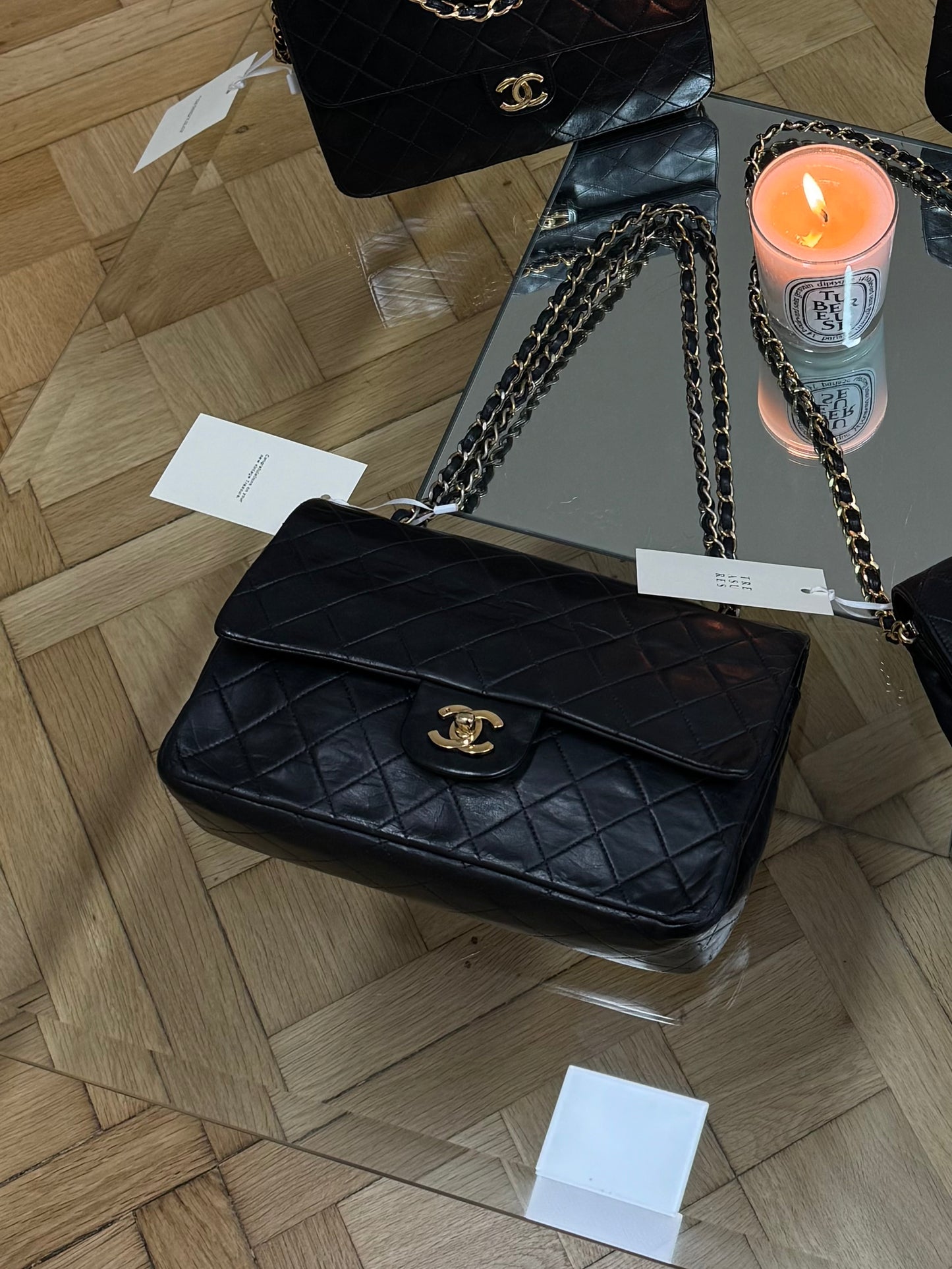 CHANEL CLASSIC DOUBLE FLAP BAG MEDIUM BLACK 24K GOLD HW