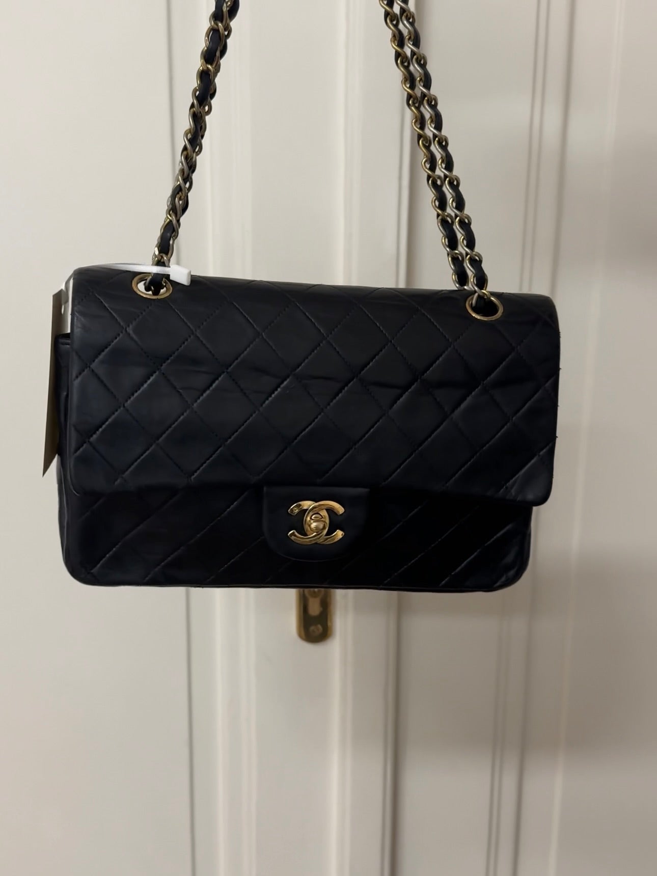CHANEL CLASSIC DOUBLE FLAP BAG MEDIUM BLACK 24K GOLD HW