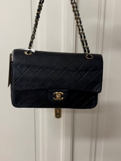 CHANEL CLASSIC DOUBLE FLAP BAG MEDIUM BLACK 24K GOLD HW
