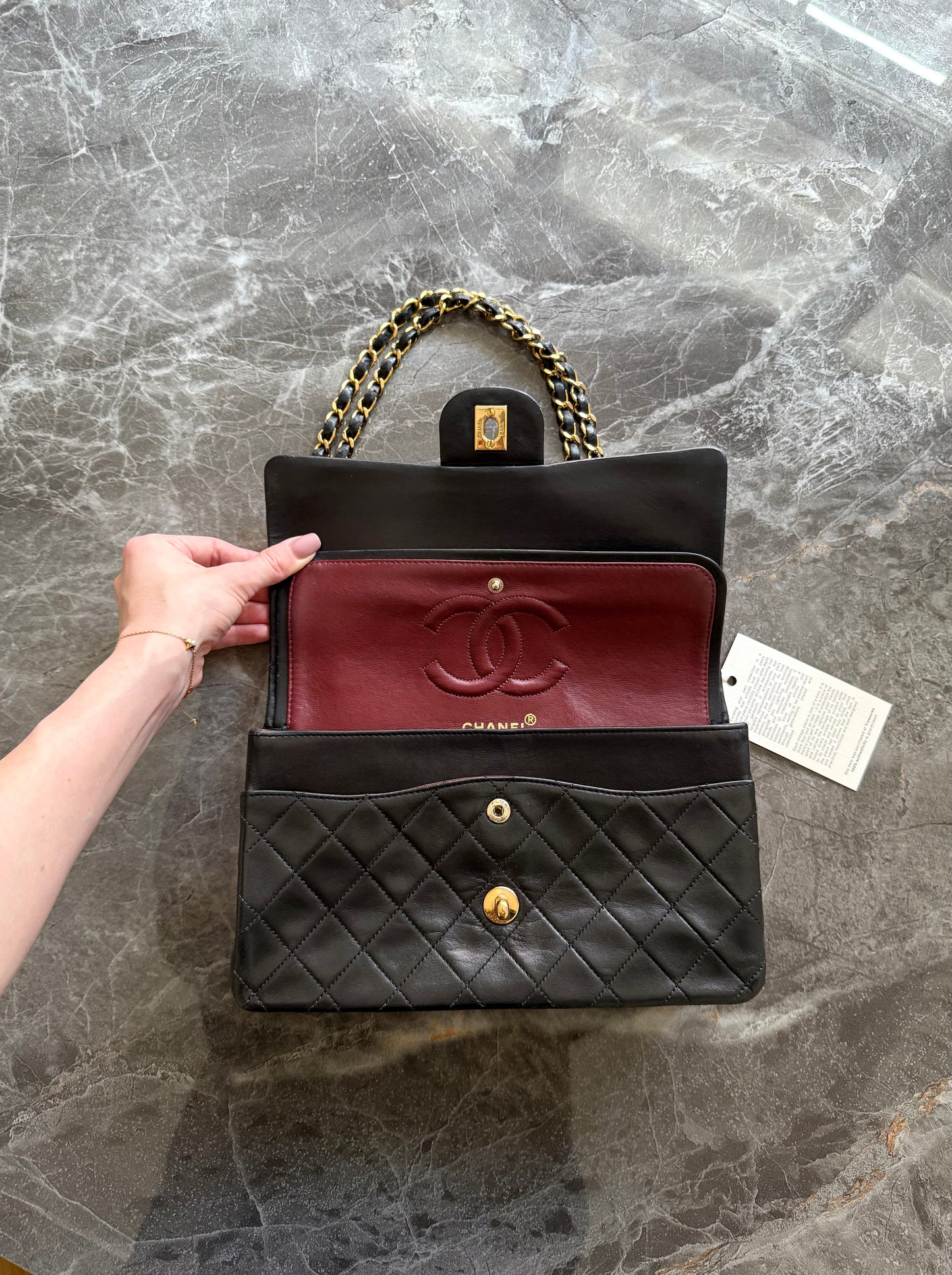 CHANEL CLASSIC DOUBLE FLAP BAG MEDIUM BLACK 24K GOLD HW