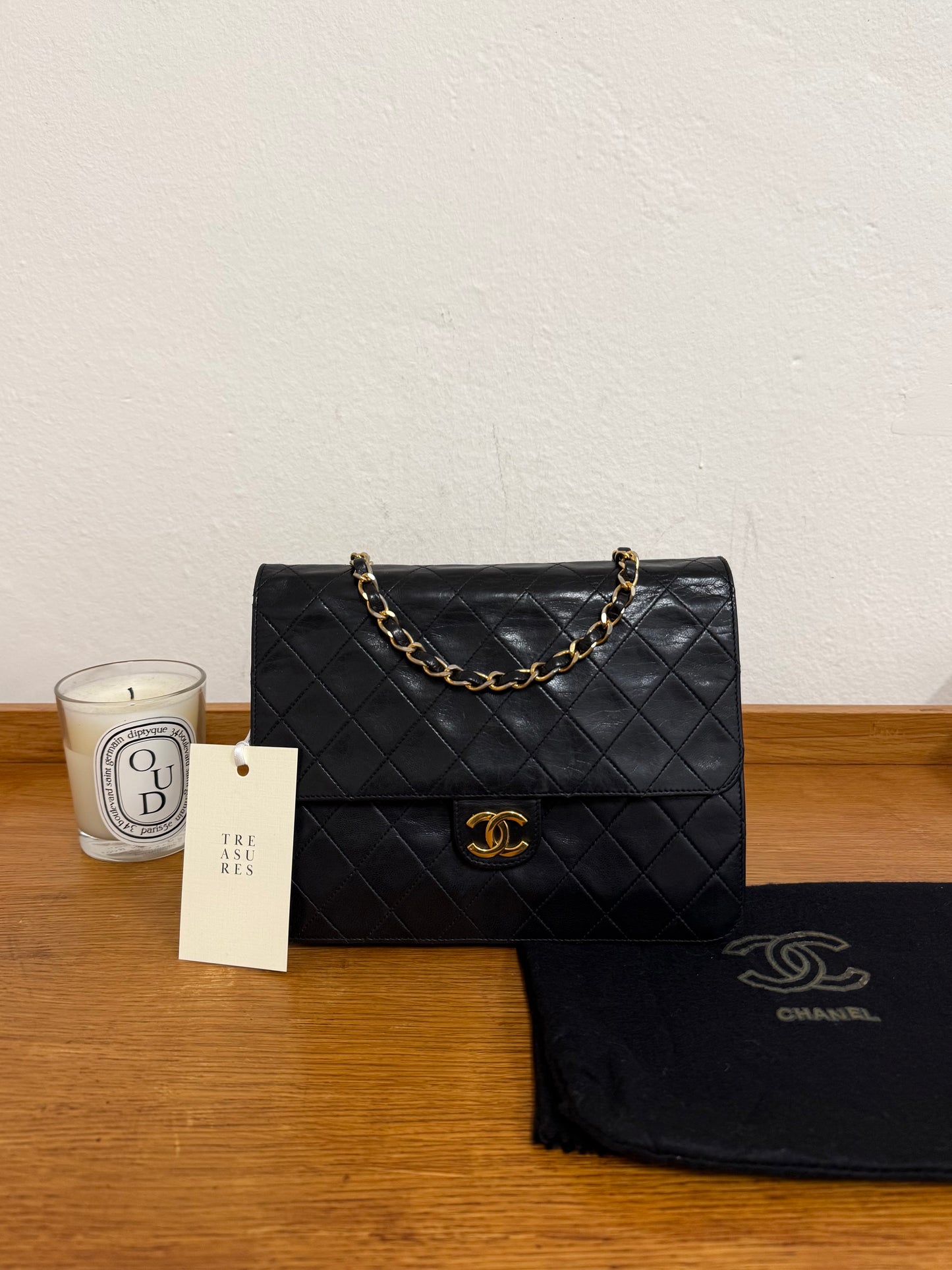 CHANEL CLASSIC SINGLE FLAP BAG LAMBSKIN BLACK 24K GOLD HW