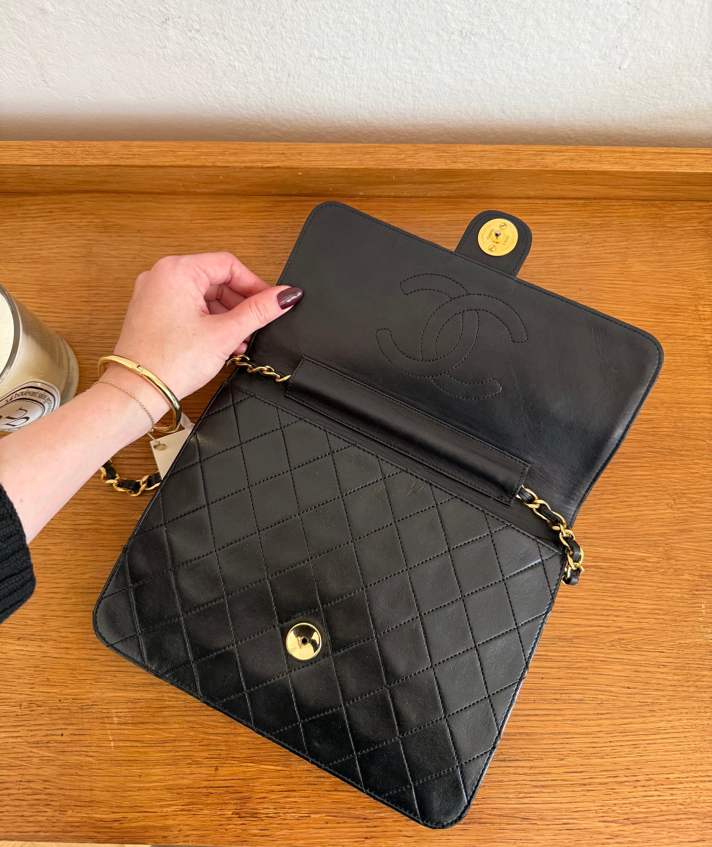 CHANEL CLASSIC SINGLE FLAP BAG LAMBSKIN BLACK 24K GOLD HW