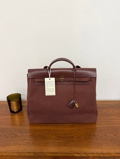 HERMÈS HERBAG HANDBAG BURGUNDY CANVAS & LEATHER