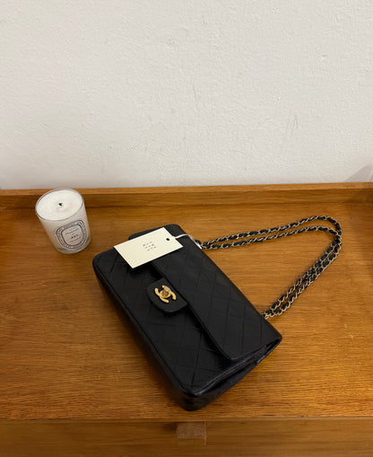 CHANEL CLASSIC DOUBLE FLAP BAG MEDIUM BLACK 24K GOLD HW