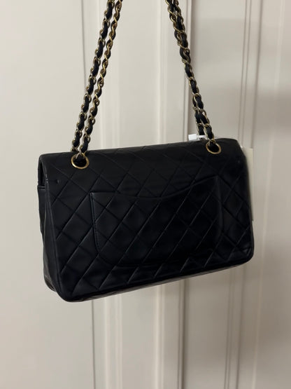CHANEL CLASSIC DOUBLE FLAP BAG MEDIUM BLACK 24K GOLD HW