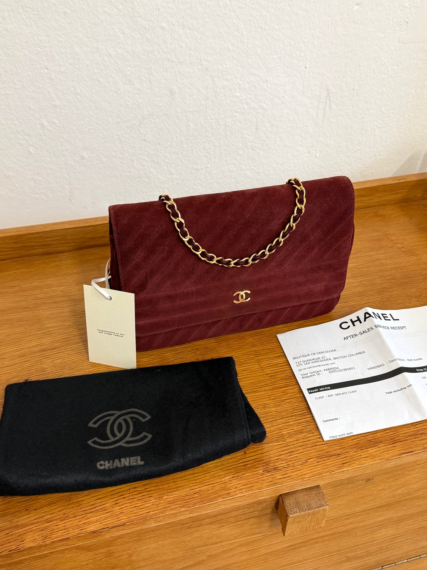 CHANEL SUEDE BURGUNDY FLAP BAG