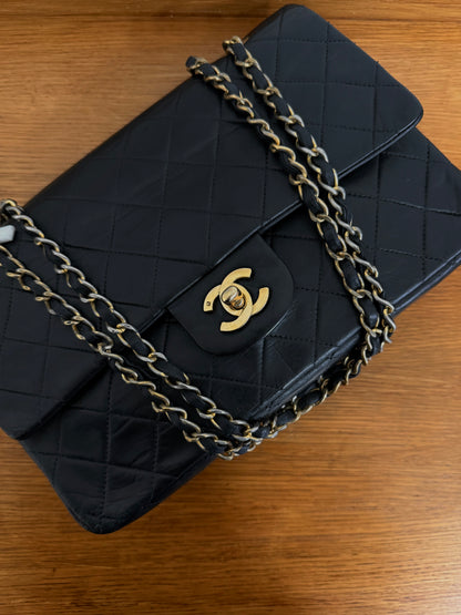 CHANEL CLASSIC DOUBLE FLAP BAG MEDIUM BLACK 24K GOLD HW