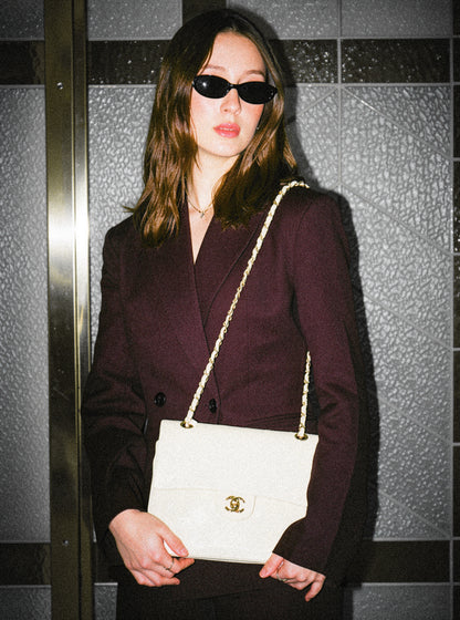 CHANEL CLASSIC DOUBLE FLAP BAG WHITE MEDIUM TALL 24K GOLD