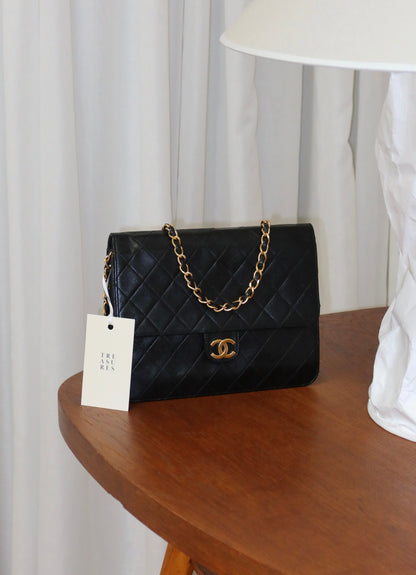 CHANEL CLASSIC SINGLE FLAP BAG LAMBSKIN BLACK 24K GOLD HW