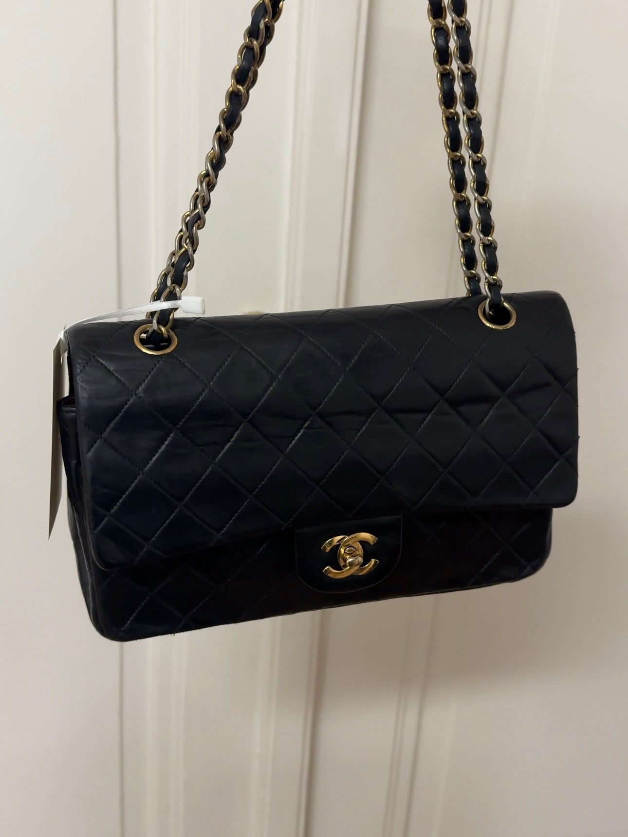 CHANEL CLASSIC DOUBLE FLAP BAG MEDIUM BLACK 24K GOLD HW
