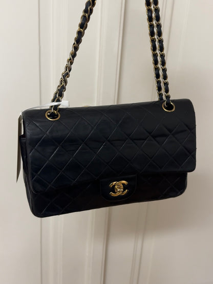 CHANEL CLASSIC DOUBLE FLAP BAG MEDIUM BLACK 24K GOLD HW