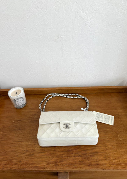 CHANEL CLASSIC DOUBLE FLAP BAG SILVER HW WHITE KARL LAGERFELD