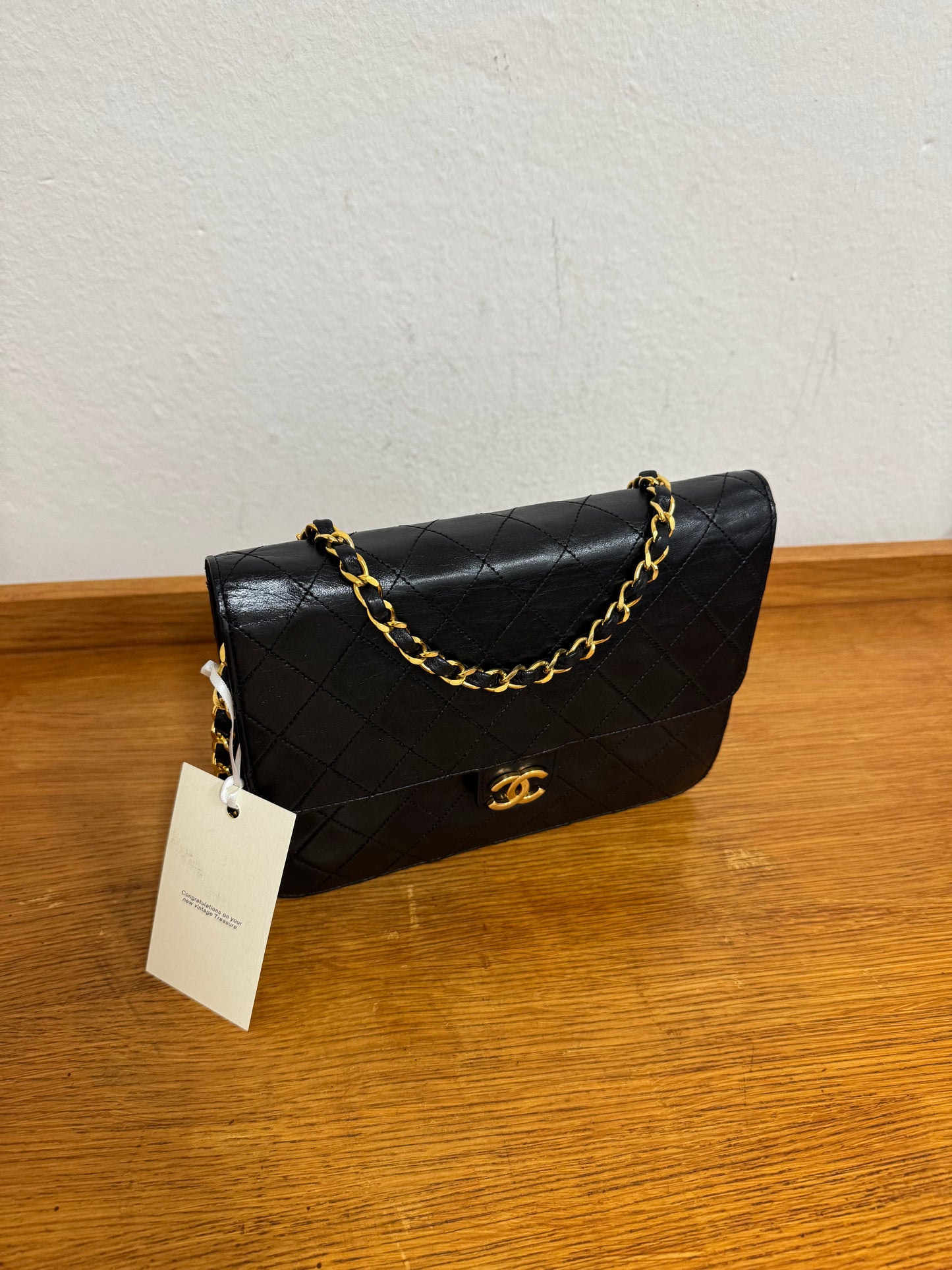 CHANEL CLASSIC SINGLE FLAP BAG LAMBSKIN BLACK 24K GOLD HW