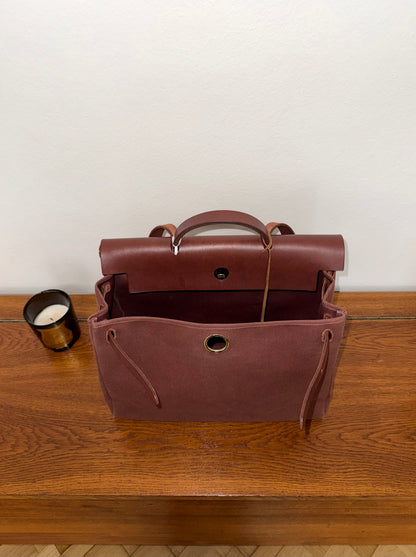 HERMÈS HERBAG HANDBAG BURGUNDY CANVAS & LEATHER