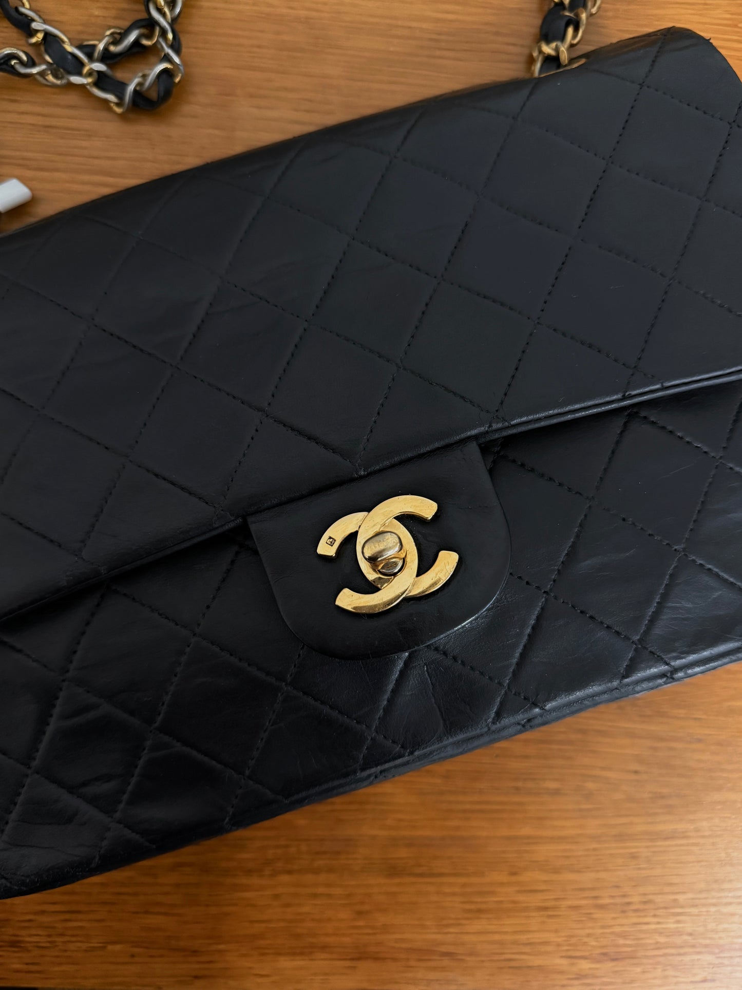 CHANEL CLASSIC DOUBLE FLAP BAG MEDIUM BLACK 24K GOLD HW