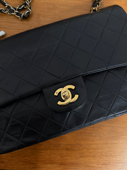 CHANEL CLASSIC DOUBLE FLAP BAG MEDIUM BLACK 24K GOLD HW