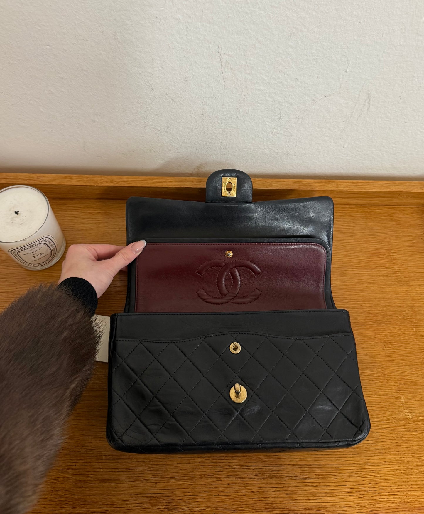 CHANEL CLASSIC DOUBLE FLAP BAG MEDIUM BLACK 24K GOLD HW