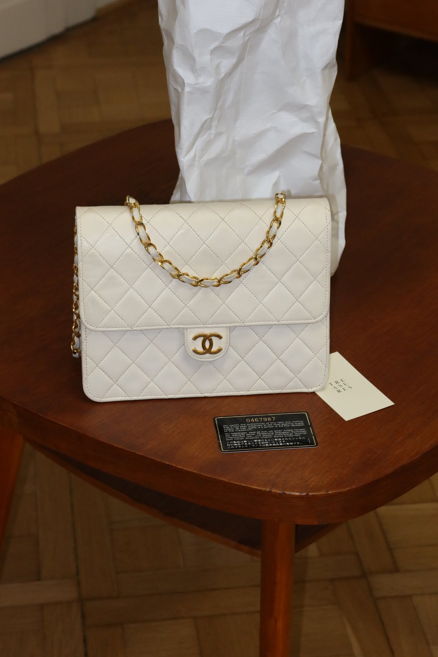 CHANEL CLASSIC SINGLE FLAP BAG LAMBSKIN WHITE 24K GOLD HW