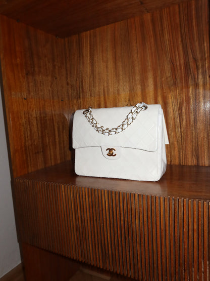 CHANEL CLASSIC DOUBLE FLAP BAG WHITE MEDIUM TALL 24K GOLD