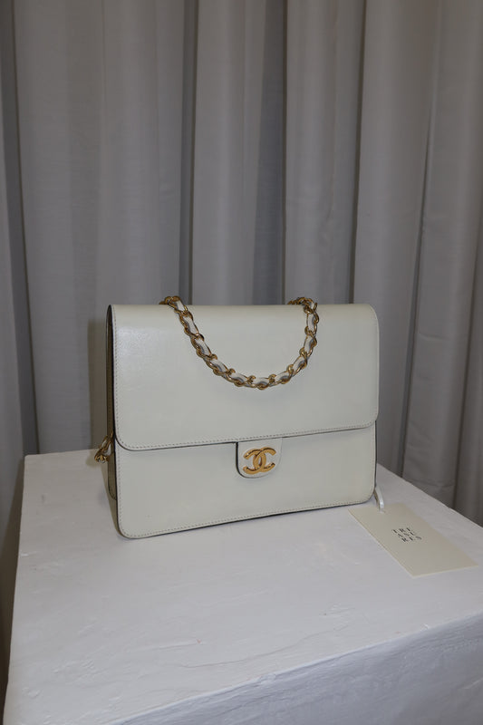 CHANEL BOX CALF SINGLE FLAP CREAM
