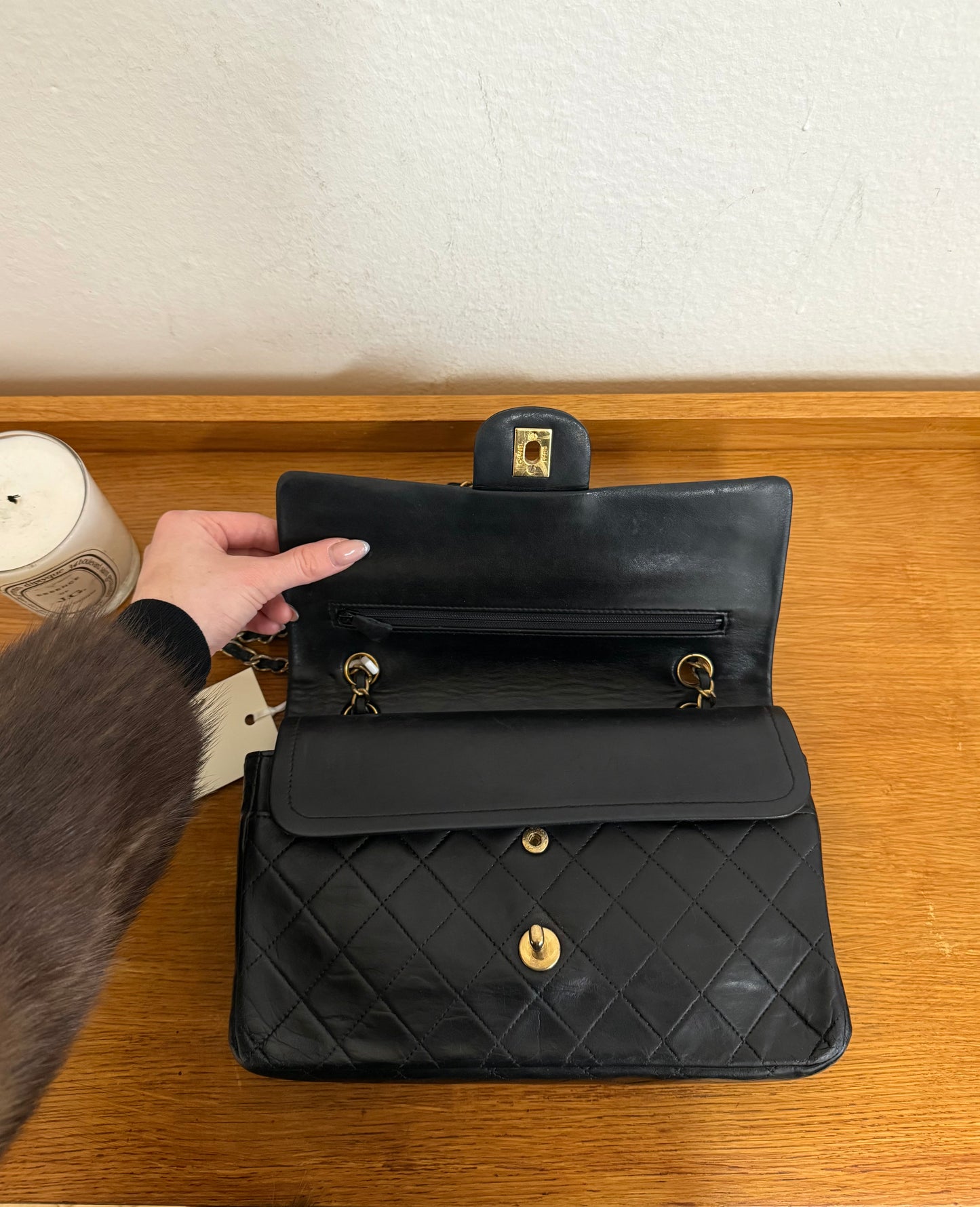 CHANEL CLASSIC DOUBLE FLAP BAG MEDIUM BLACK 24K GOLD HW