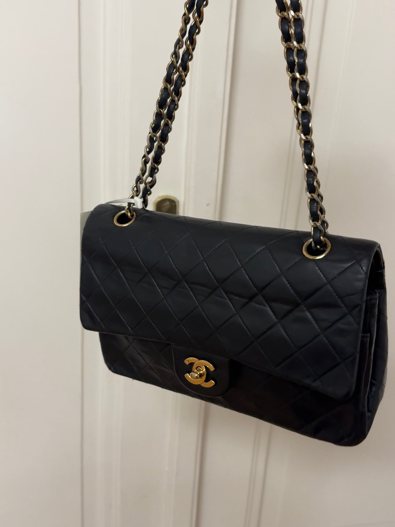 CHANEL CLASSIC DOUBLE FLAP BAG MEDIUM BLACK 24K GOLD HW