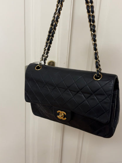 CHANEL CLASSIC DOUBLE FLAP BAG MEDIUM BLACK 24K GOLD HW