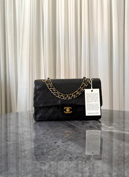 CHANEL CLASSIC DOUBLE FLAP BAG MEDIUM BLACK 24K GOLD HW
