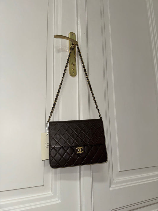 CHANEL CLASSIC SINGLE FLAP BAG BROWN 24k GOLD HW